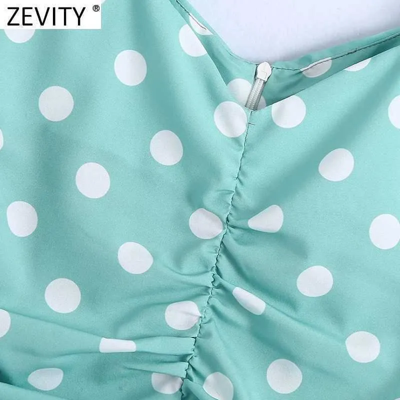 Zevity femmes Sexy col en V à pois imprimer plissé vert Mini robe femme Chic dos fermeture éclair mince fête Vestido DS5049 210603