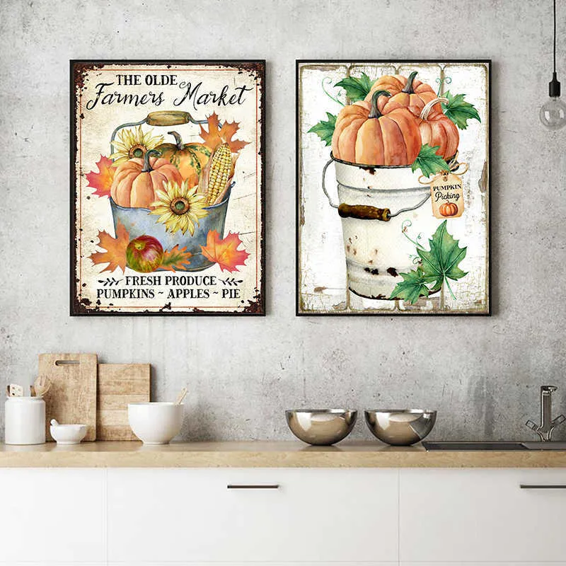 Farmers Market Fall Pumpkins Leaves Vintage Poster Rustic Metal Fall Sign Canvas Målning Country Farmhouse Style Prints Decor9014259