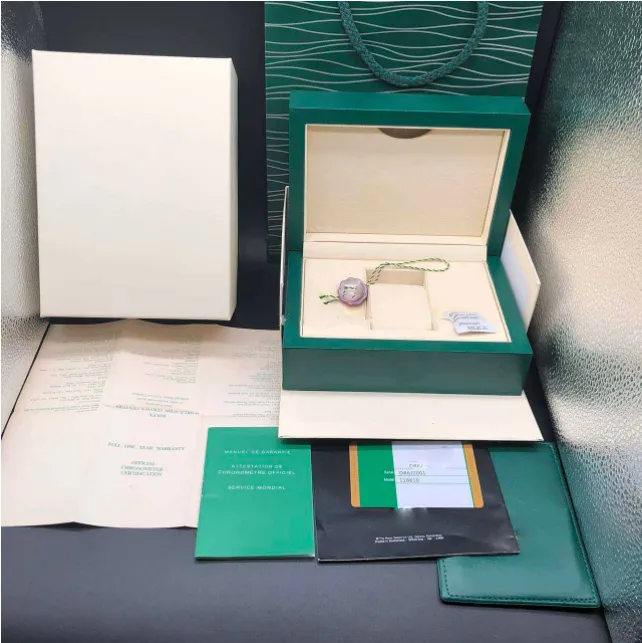 Caja de regalo de calidad para reloj, color verde oscuro, etiquetas y papeles para tarjetas de folletos RLX en inglés, cajas de reloj de pulsera suizo 212f