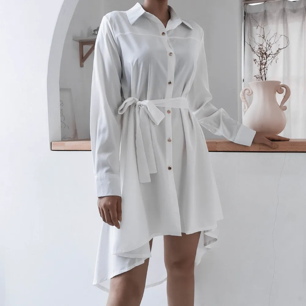 Otoño Invierno gasa A-Line camisa mini vestido elegante mujer manga larga asimétrica plisada casual camisa vestido Oficina señora 210508