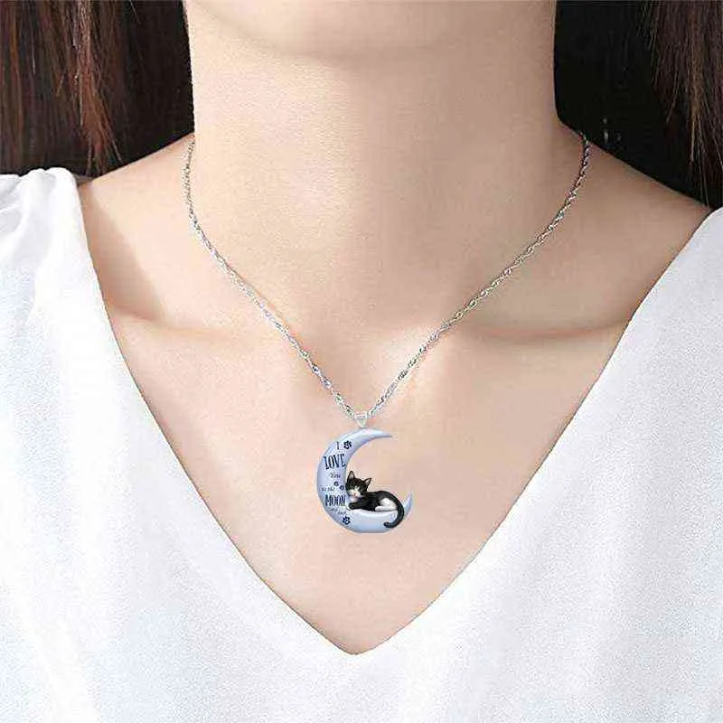 Collier pendentif chat lune bleue exquis pour femmes, pendentif croissant mignon, bijoux de fiançailles de mariage, cadeau pour fille G12336B