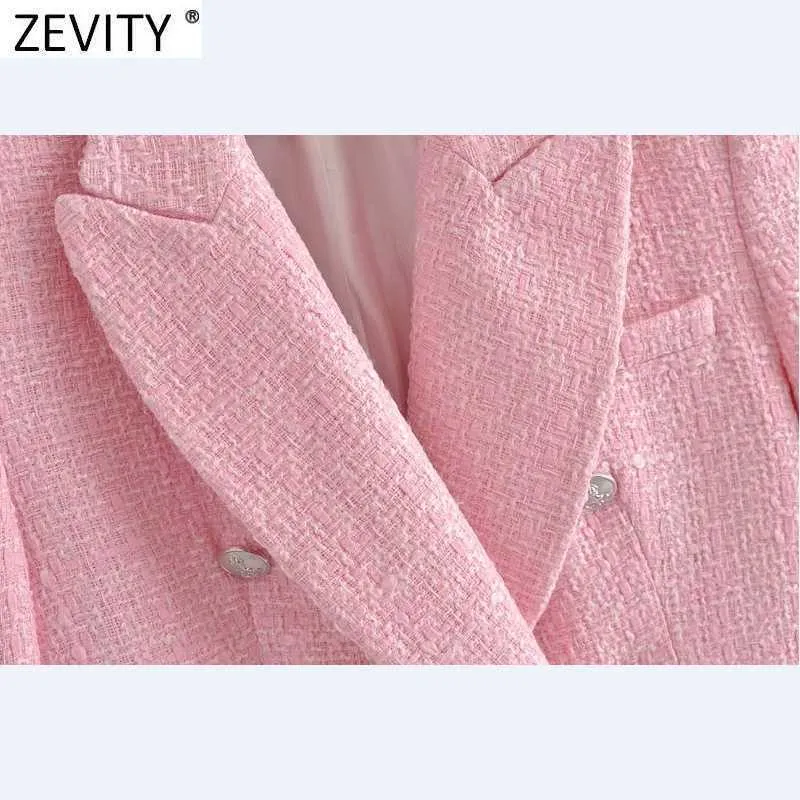 Zevity Femmes Doux Double Boutonnage Texture Rose Tweed Laine Blazer Manteau Vintage Femme Survêtement Chic Affaires Slim Tops CT714 210603