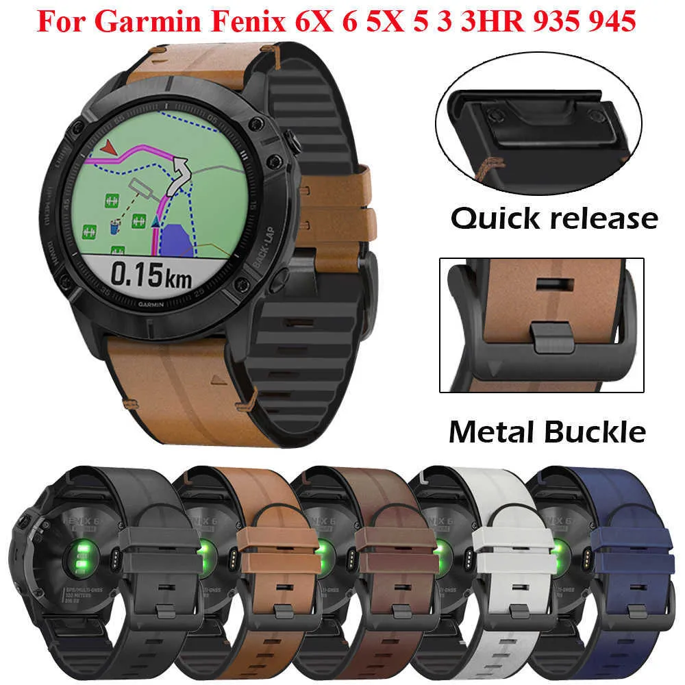 22 26 мм Ремешок для часов QuickFit для Garmin Fenix ​​6 6x Pro 5x 5 Plus 3 часа 935 945 S60 Натуральная кожаная кожаная полоса силиконовой часы Watchband H0915