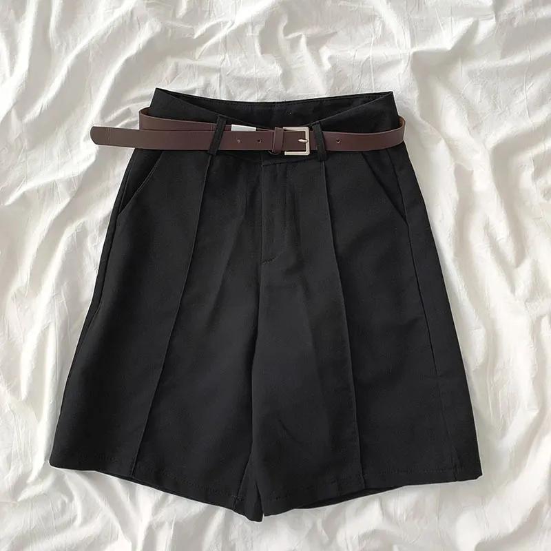 Kimutomo solide pantalons décontractés dames mode printemps coréen poches lâches haute Wasit jambe large genou longueur pantalon ceinture 210521