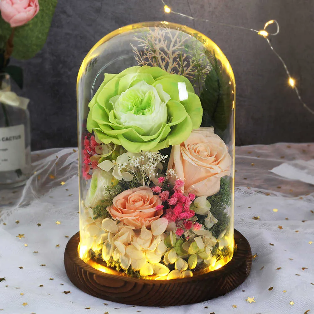 Valentin Mother Muadding Party Gift Conserved Rose Immortal Flowers in Glass Dome with Lamp Flowers Home Decoration Q08126678213