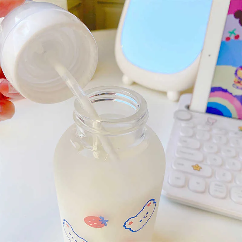 Cute Cartoon Strawberry Bear Glass Pacifier Water Bottle Straw Cup For Adult Children Milk Frosted Bottle Baby Feeding Bottles 211307t