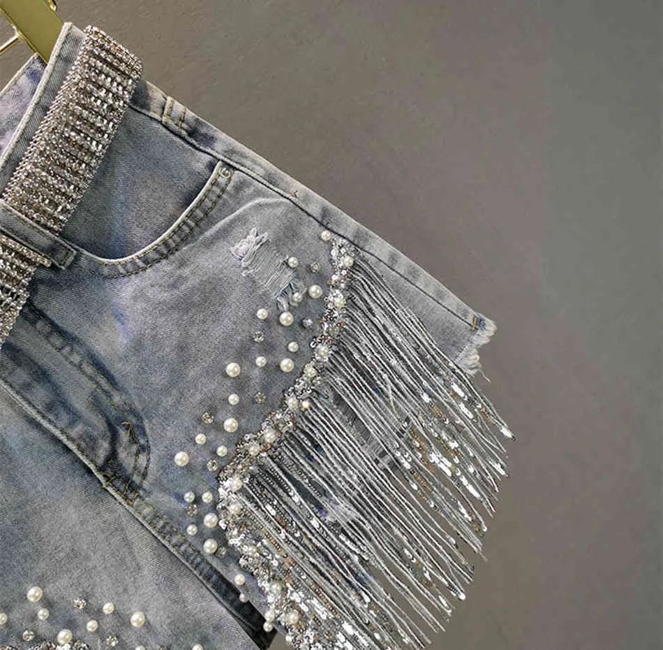 Бесплатные женские джинсовые шорты летом носить высокую талию для похудения тяжелые бисером блестки бороженые джинсы брюки 210524
