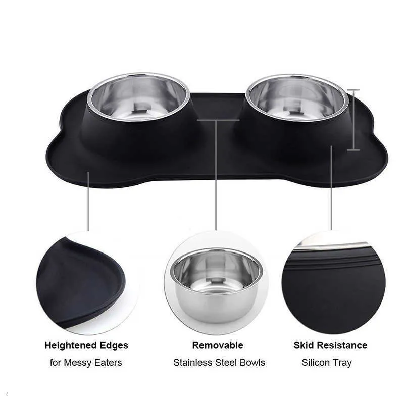 Benepaw Antislip Double Dog Bowl Avec Tapis En Silicone Durable En Acier Inoxydable Pas De Déversement Pour Animaux De Compagnie Alimentation Eau Potable Alimentateur 210615