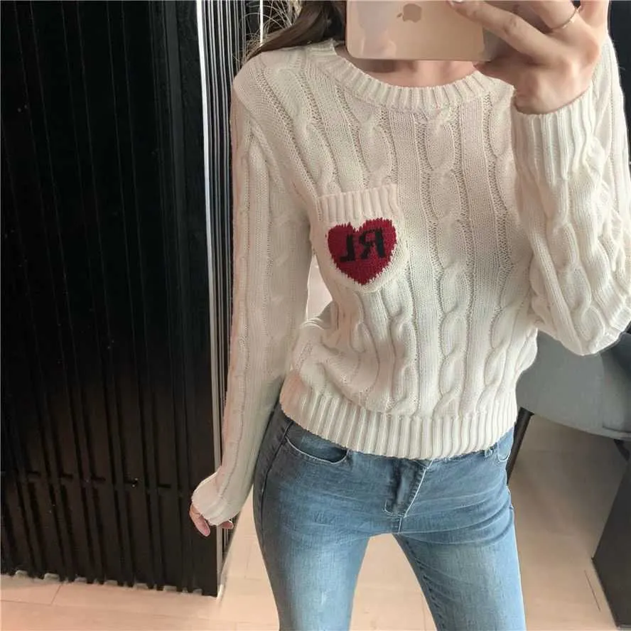 Korean Fashion Jumper Women Brand Vintage Letter Red Heart Pattern Pocket Long Sleeve Knitted Sweater Pullover Tops T530 211011