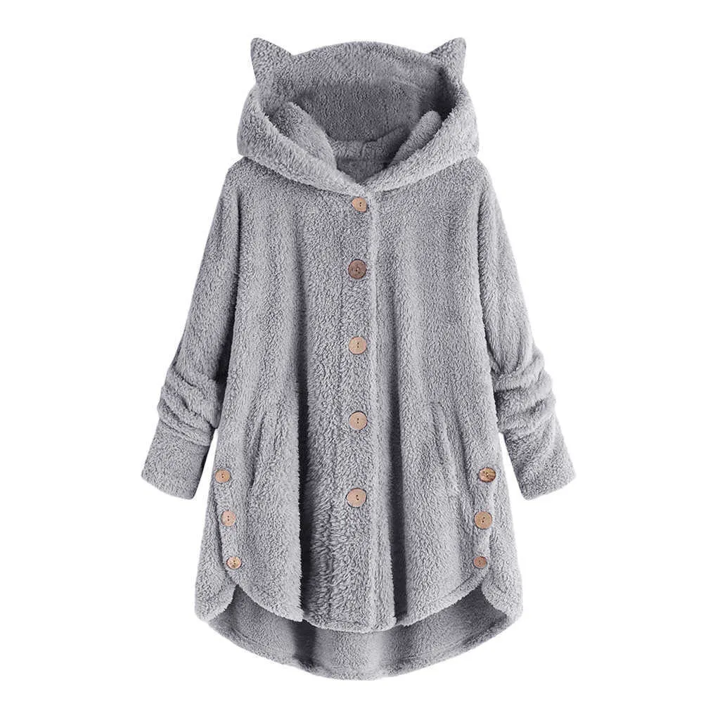 Hooded Button Woman Jacket Coat Patchworl Tops Pullover Loose Blouse Plus Size Warm Thick Windbreaker Outerwear 210809