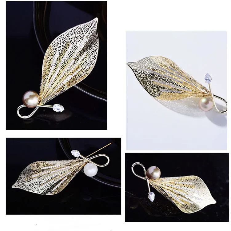 Broche de folha de cristal de cor ouro para vestuário feminino casaco acessórios corsage elegante simulado pérola broche jóias 2021