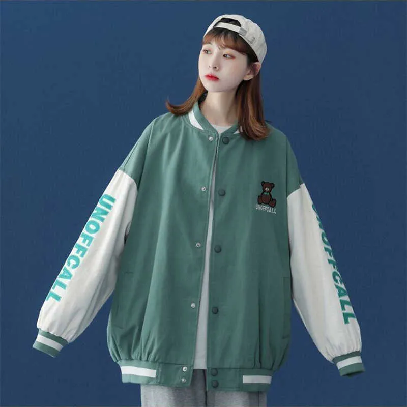 Printemps Streetwear Harajuku BF Baseball Manteau Femmes Simple Poitrine Spliced Automne Bomber Veste Vêtements 210531