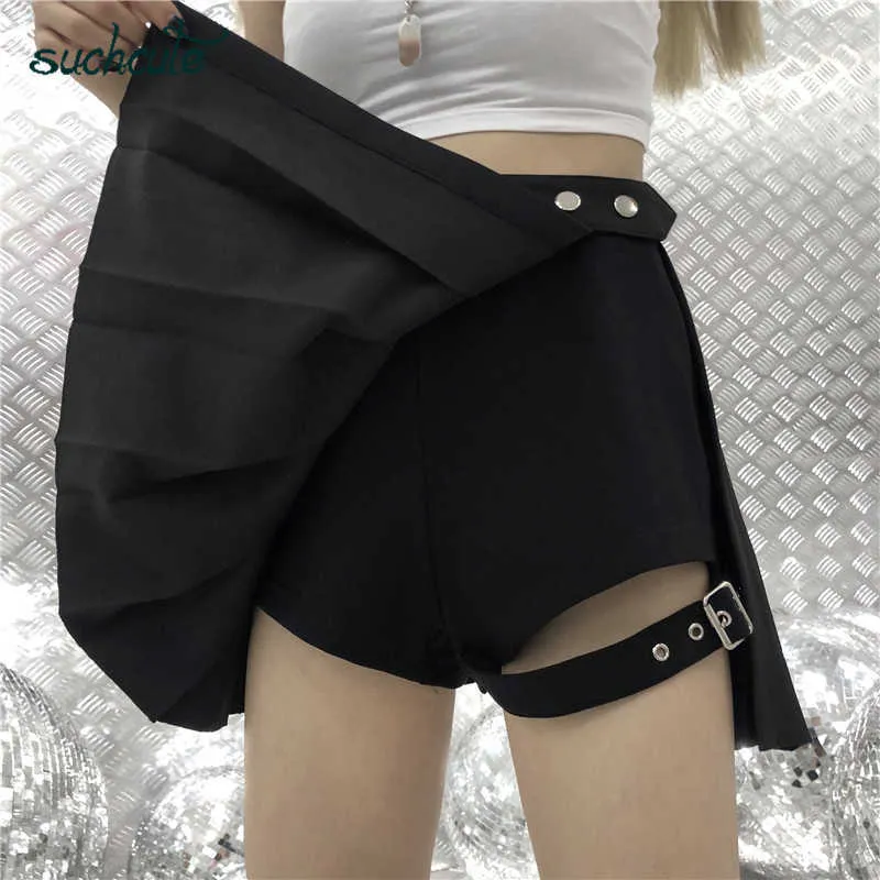 Minifalda plisada SUCHCUTE sexy gótica de cintura alta para mujer con cintas cortas, faldas acampanadas, ropa de calle, trajes de fiesta sólidos para mujer 210619