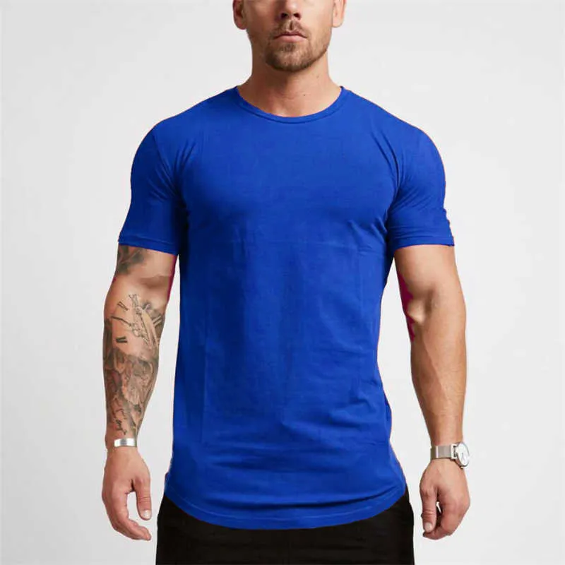 Mode d'été Solide À Manches Courtes T-shirt Hommes Fitness Vêtements Coton O-cou Silm Fit Casual T-shirts plus la taille M-2XL 210707