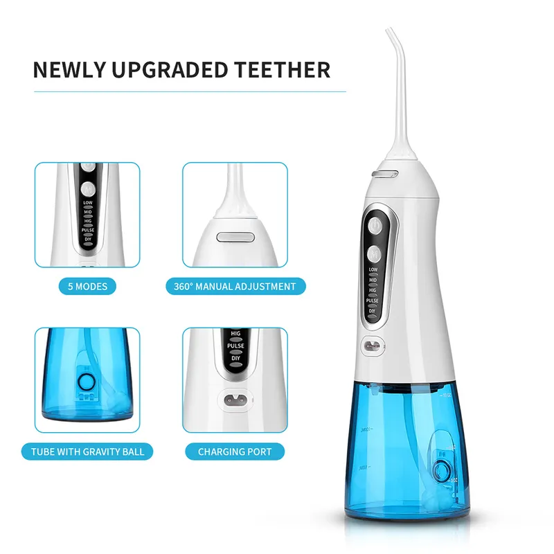 Azdent WF203 Portable Oral Irrigator Water Dental Floser Cordless DIY USB RADUREBLE TOTH PICK 300ML 5 JET TIPS 220623