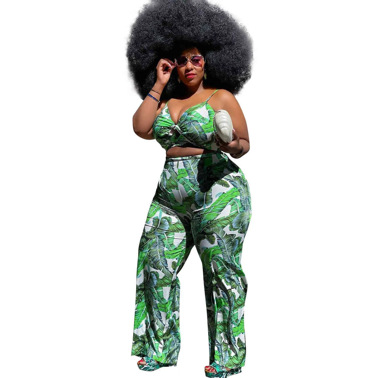 Neon Yeşil Baskılı Seksi İki Parçalı Set Kadınlar Için XL-4XL Kırpma Üst Tee ve Geniş Bacak Pantolon Pantolon Toptan Artı Boyutu Giyim 210525