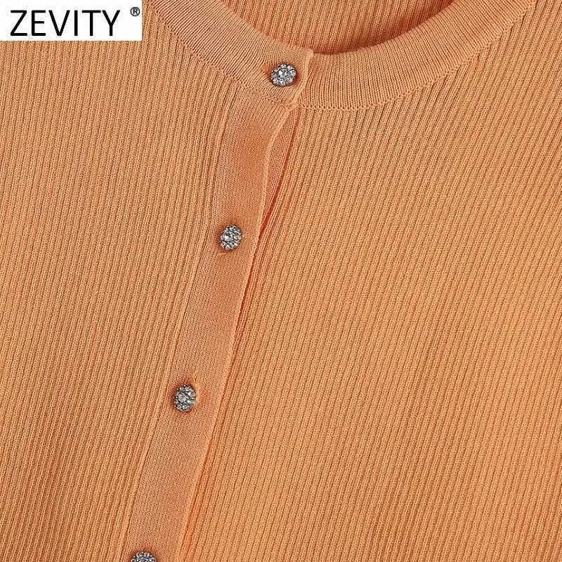 Zevity Women Simply O Neck Short Sleeve Orange Färg Kort Strikkad Tröja Kvinna Chic Diamond Knappar Cardigans Coat Tops SW807 210805