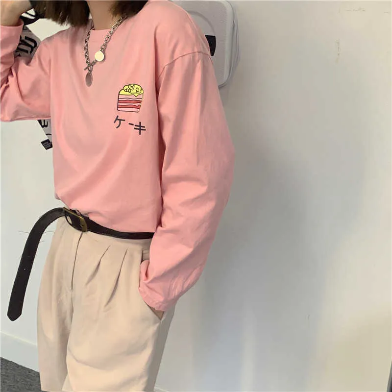 Yedinas Primavera Otoño Camiseta de manga larga Colores del caramelo Dulce -camisas Harajuku Estilo coreano Camisas de gran tamaño Estampado de algodón op 210527