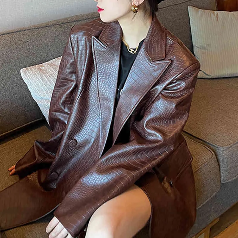 [EAM] femmes café cuir Pu grande taille Blazer revers manches longues coupe ample veste mode printemps automne 1DD6433 21512