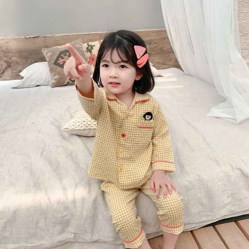 Spring Baby Pajamas Sets Yellow Black Plaid Embroidery Home Suits Sleep Swear Kids Clothes E 210610