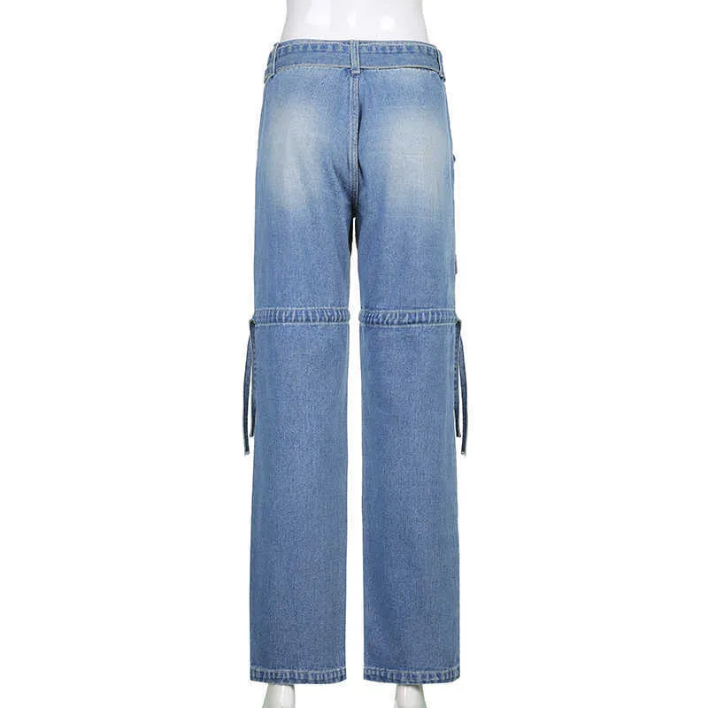 JMPRS Y2K Blue Jeans Retro Sashes Denim Pants Ruched Drawstring Cargo Female Big Pockets Trousers Ladies Streetwear Jean 210708