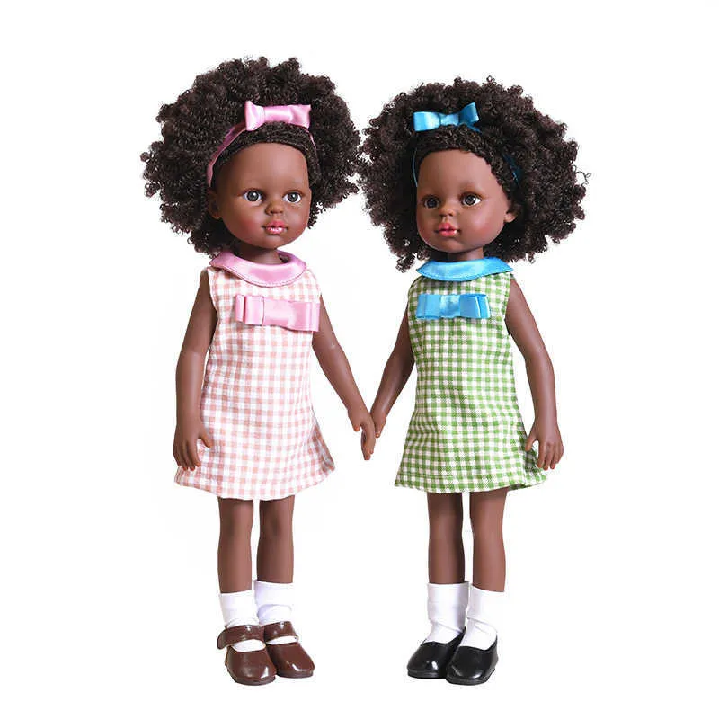 35cm Black African American Reborn Doll Full Silicone Vinyl Baby Dolls African Doll Pretty Girl Toy Bath Toy Gifts Dress UP Toys Q0910