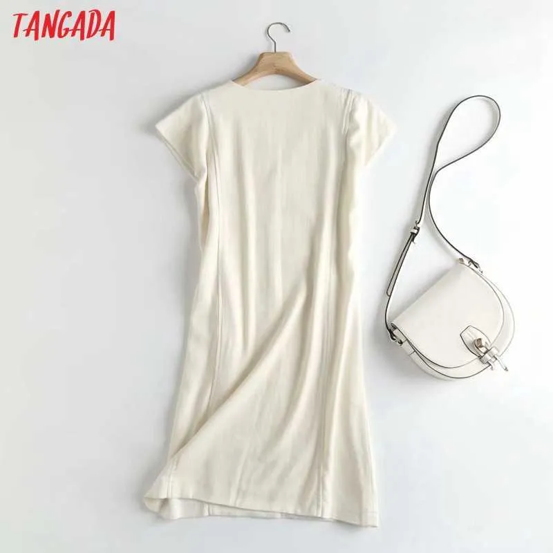 Tangada Sommer Frauen Französisch Stil V-ausschnitt Baumwolle Leinen Kleid Kurzarm Damen Midi Kleid Vestidos 4C92 210609