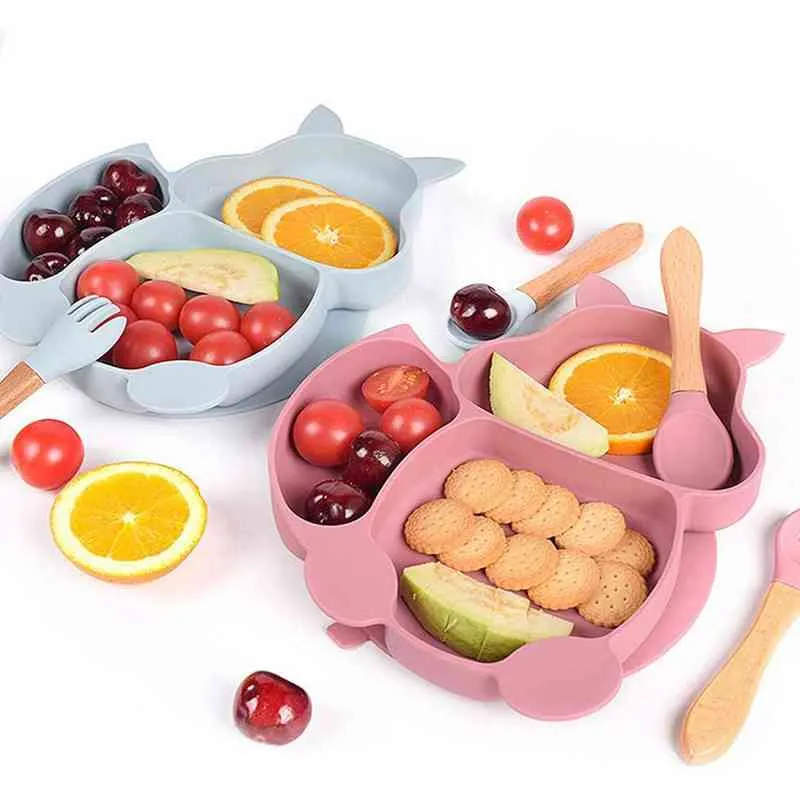 Food Plate Bowl Set Mini Silicone For Kids Non-Slip Plate With Suction Cup Table Set With Wooden Handle Spoon And Fork G1221