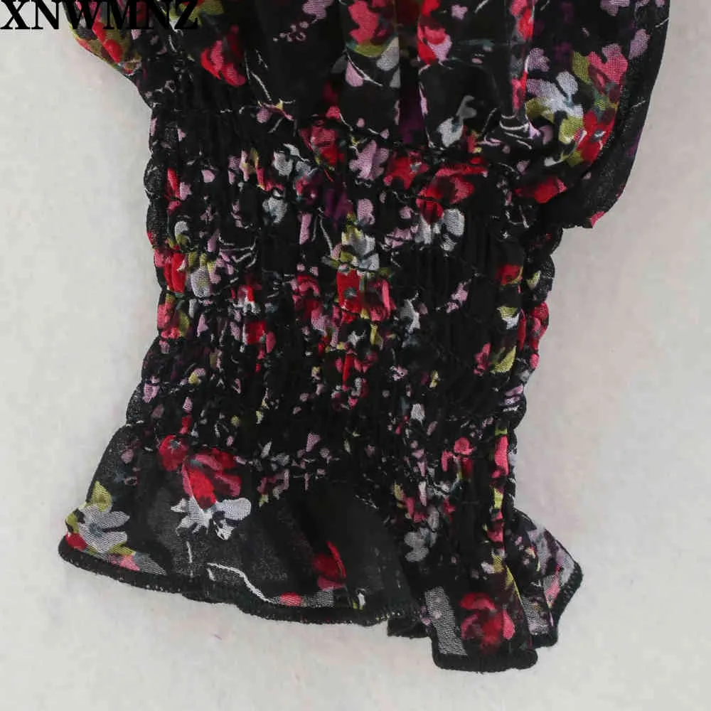 Za Women Fashion long printed Elastic waistband dress Female V-neck Long sleeves smocked elastic cuffs asymmetric hem dresses 210510