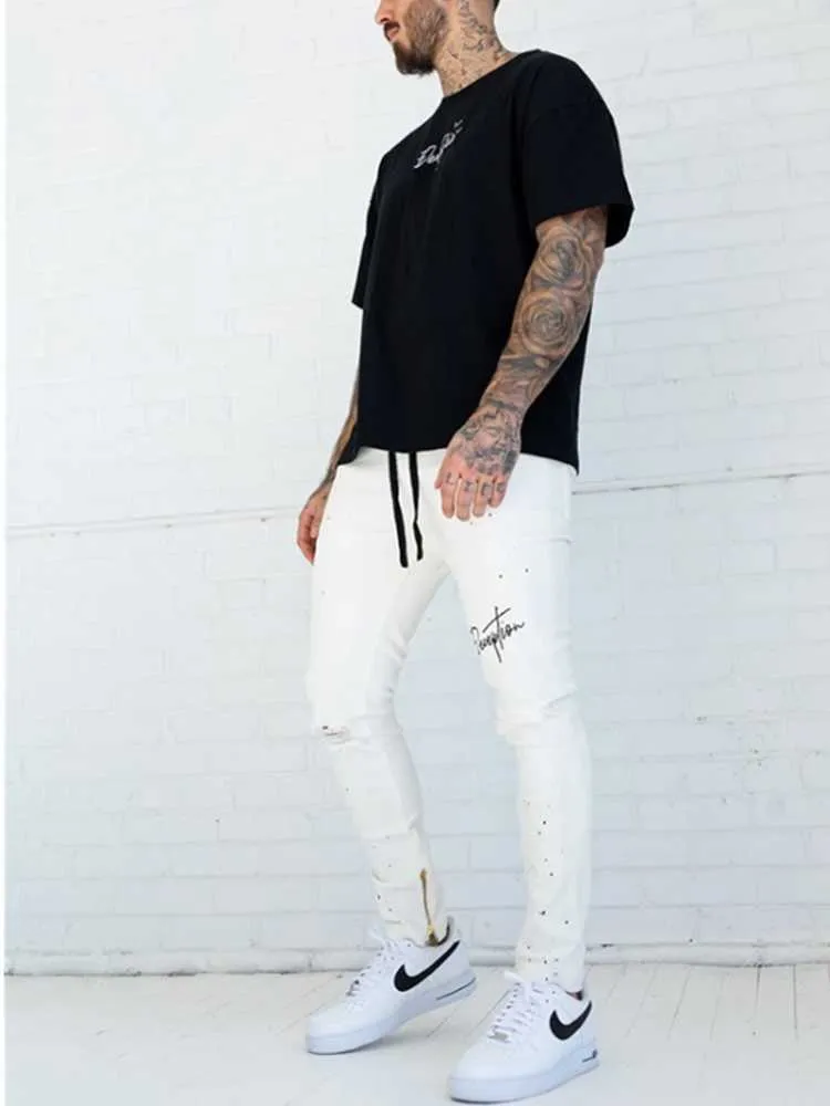 Mäns Jeans Skinny Destroyed Ripped Broken Punk Byxor Homme Hip Hop JeansFashion Streetwear Vintage Blue Grey White Color X0621