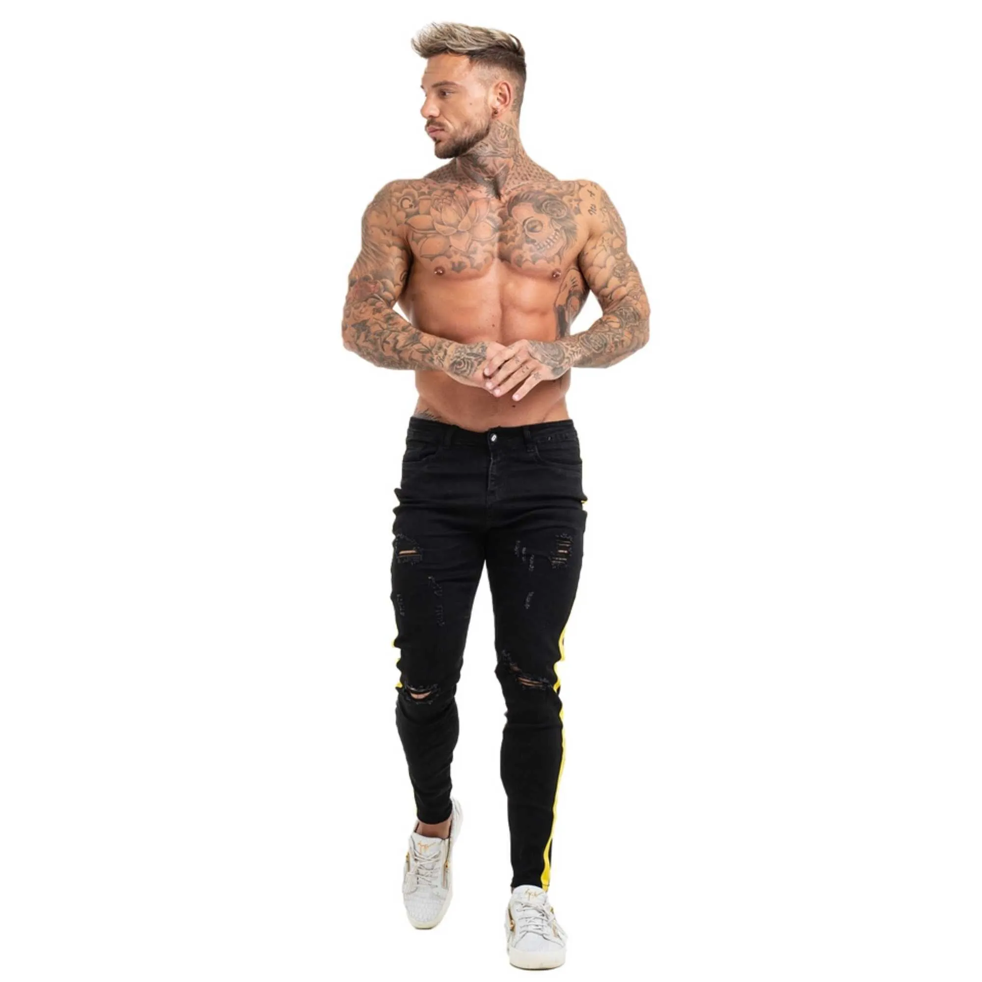 Gingtto Black Skinny Jeans Homme Denim Stretch Slim Fit Jeans Marque Biker Style Classique Hip Hop Cheville Taping Mâle zm68 210622