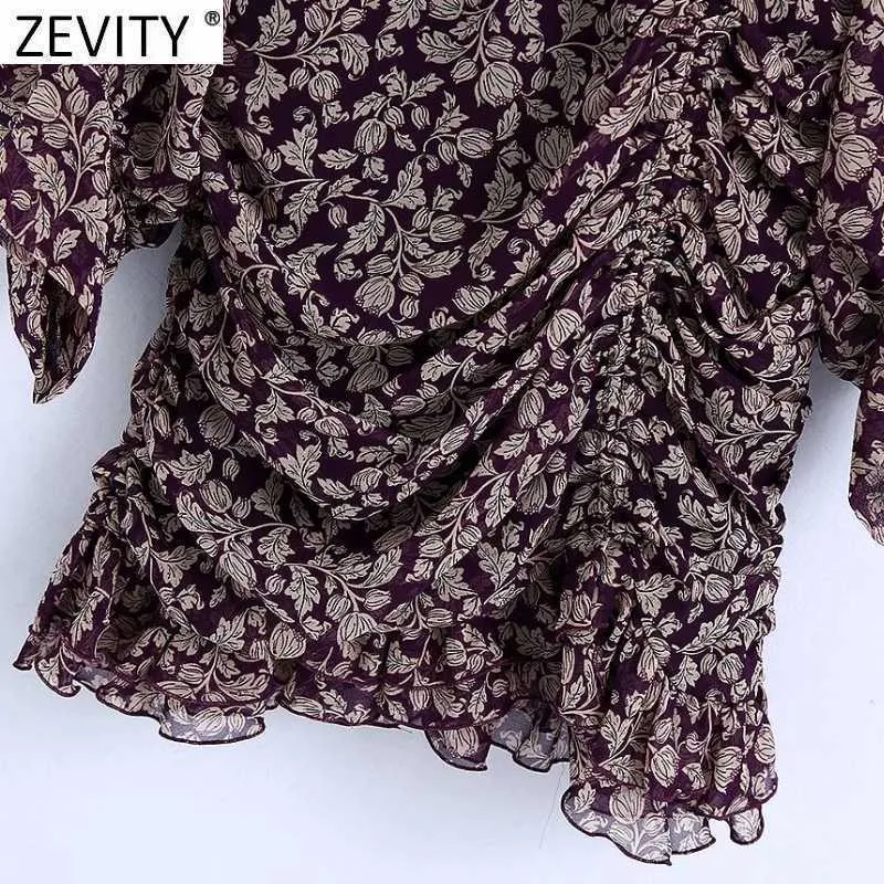 Zevity Spring女性クロスVネックフラワープリントプリーツミニドレス女性裾フリルスリムキモノvestidosシックな服DS4859 210603