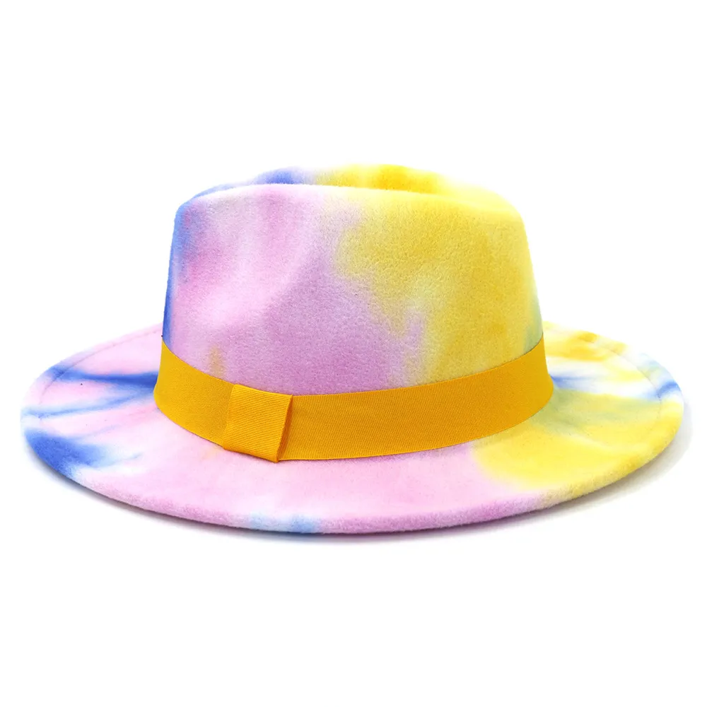 패션 플랫 브림 재즈 펠트 모자 새로운 도착 트렌디 한 레이디 화려한 넥타이 염료 파나마 가짜 울 페도라 모자 모자 모자 모자 란드 밴드 244o