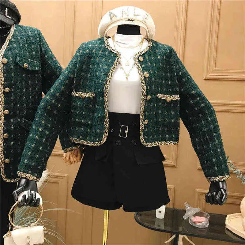 Vintage Plaid Tweed Jacket Women Elegant Ladies Single Breasted Short Outwear Tops Spring Fall Long Sleeve Retro Dark Green Coat 211105