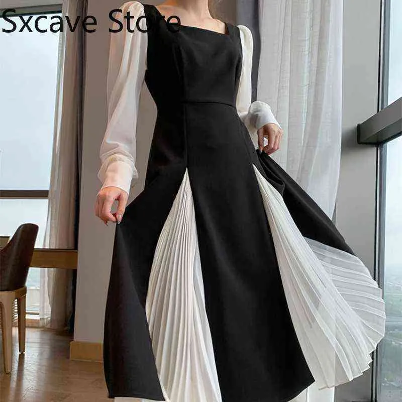 Escritório senhora preto vestido elegante mulheres francês vintage midi vestido casual festa um pedaço vestido coreano moda 2021 outono chique y1204