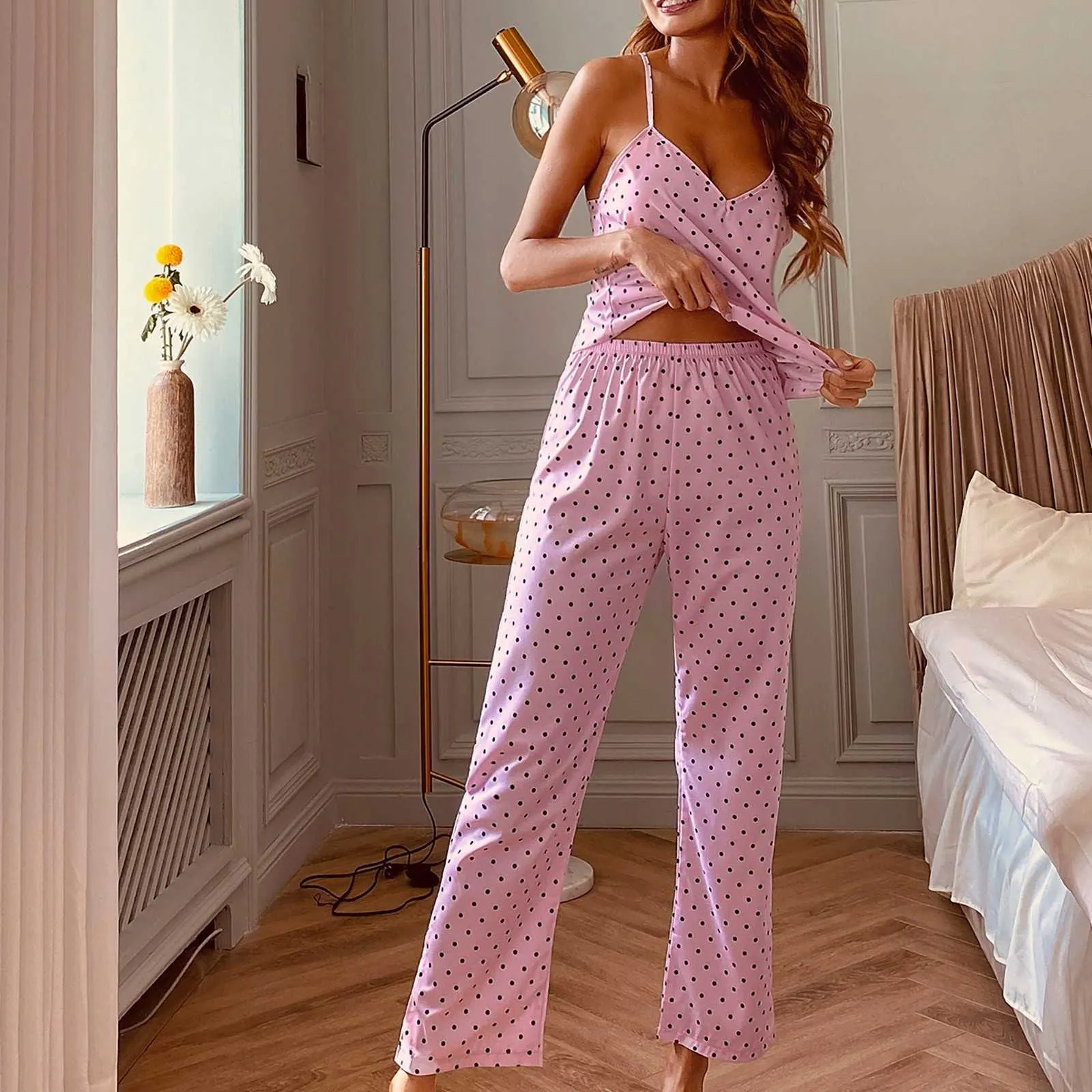 Spaghetti Strap Pyjamas Print Sommar Två Piece Set Top And Pants Sleepwear Satin Kvinnor V Neck Sexig Nightwear Polka Dots Print Q0706