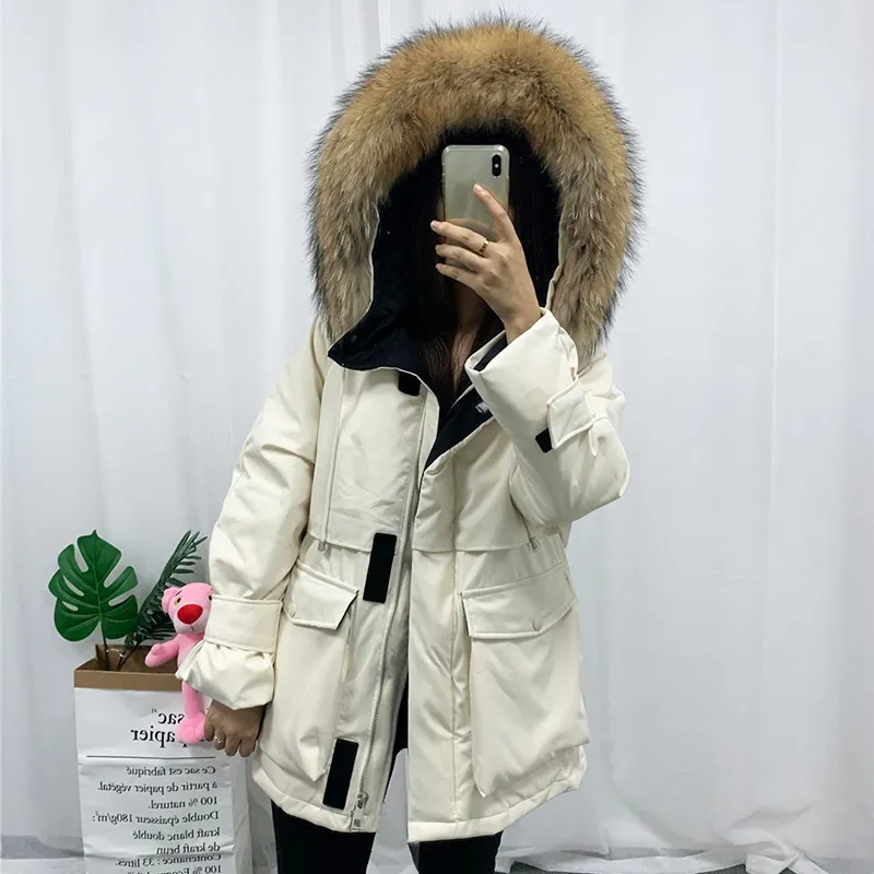Véritable fourrure à capuche hiver femmes blanc duvet de canard veste neige épais Parkas chaud manteau imperméable pardessus 210430