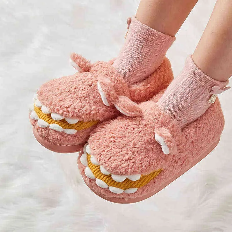 Par Hem Tofflor Söt Kvinnor Non-Slip House Skor Vinter Varma Skor 2021New Fashion Casual Cartoon Dinosaur Plush Slides H1122