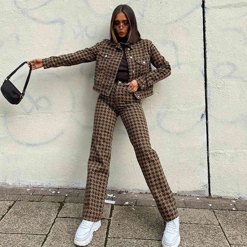 Brun Houndstooth Print Vintage Y2K Pants Fashion Women High Waisted Plaid Sweatpants Harajuku Long Trousers Capris 210510