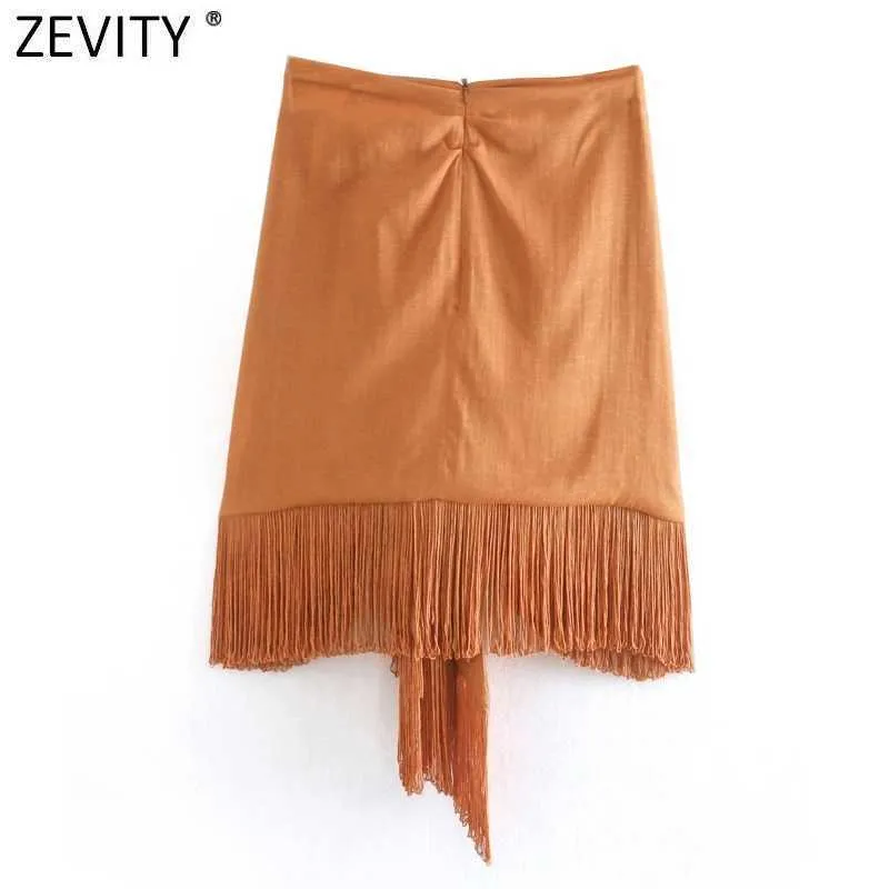 Zevity Women Fashion Solid Knuten Hem Tassel Casual Slim Skirt Faldas Mujer Office Ladies Back Zipper Chic Mini Vestido Qun697 210629