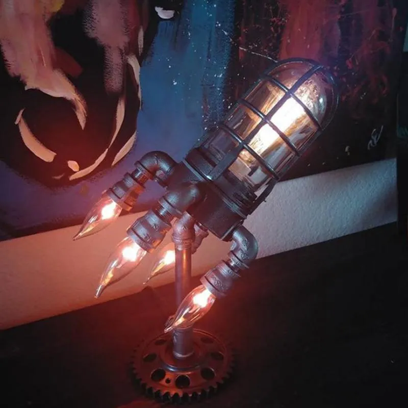 Gece Işıkları Steampunk Roket Lambası Punk Style Metal Masaüstü Dekor Süsleri Duvar Dekorasyon Işık UK UK AB AU Plug264o
