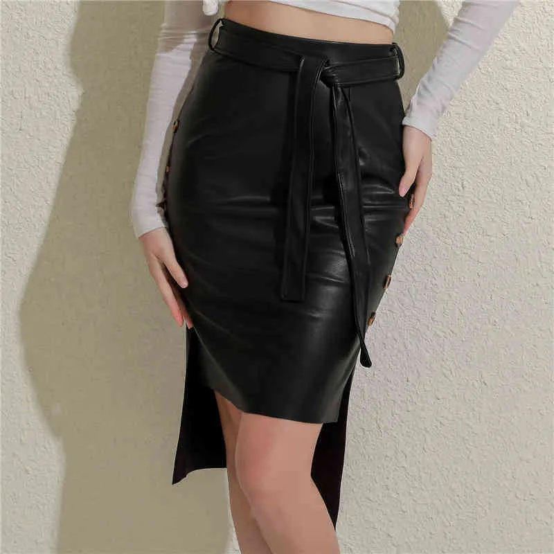 2021 Women's Bodycon Skirts Black Sexy Ladies Solid PU Leather Slim Skirts High Waist Pack Hip Skirts Split Fork High Quality X0428