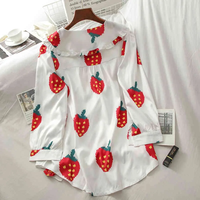 Kimutomo Sweet Girls Blouse and Shirt Cute Strawberry Print Peter Pan Collar Long Sleeve Chic Tops Spring Fashion 210521