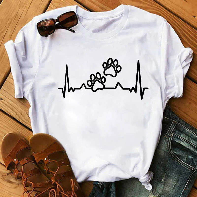 Love Heart Dog Paw Print T Shirt Women Cartoon T-shirt Funny Female T-shirt 2020 Summer Leisure Fashion Aesthetic Tshirt Tops X0527