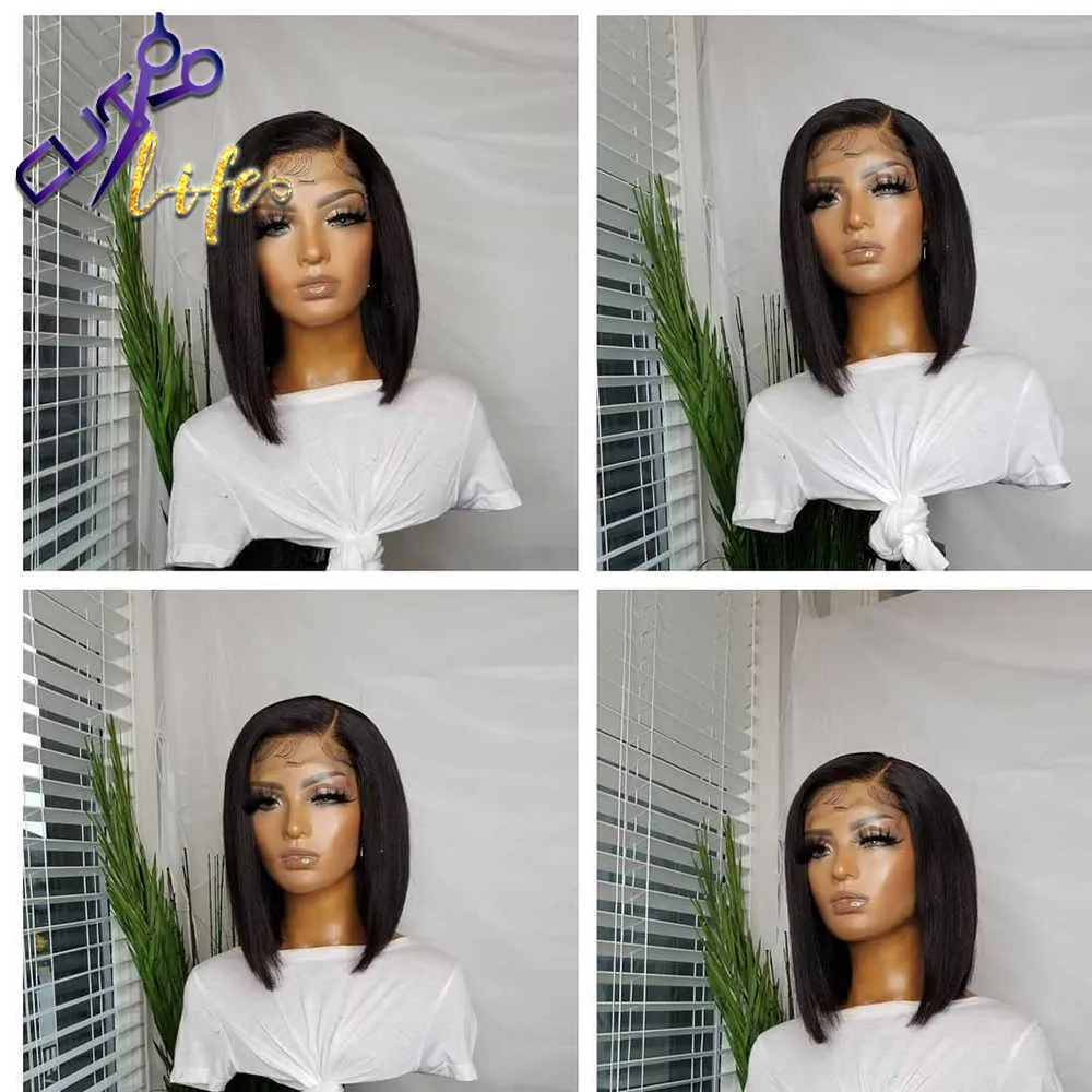 Highlight Color Short Cut Wavy Bob Pixie Wig 4x4 Lace Closure Wigs Perruques de cheveux humains péruviens Perruque droite pré-plumée Lace Front Wig S0826