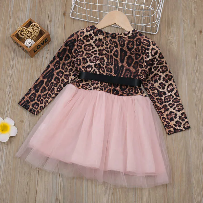 Girls Dress Spring Autumn Long Sleeve Leopard Bow Mesh Patchwork Princess Toddler Children Clothes for 2-6Y 210528