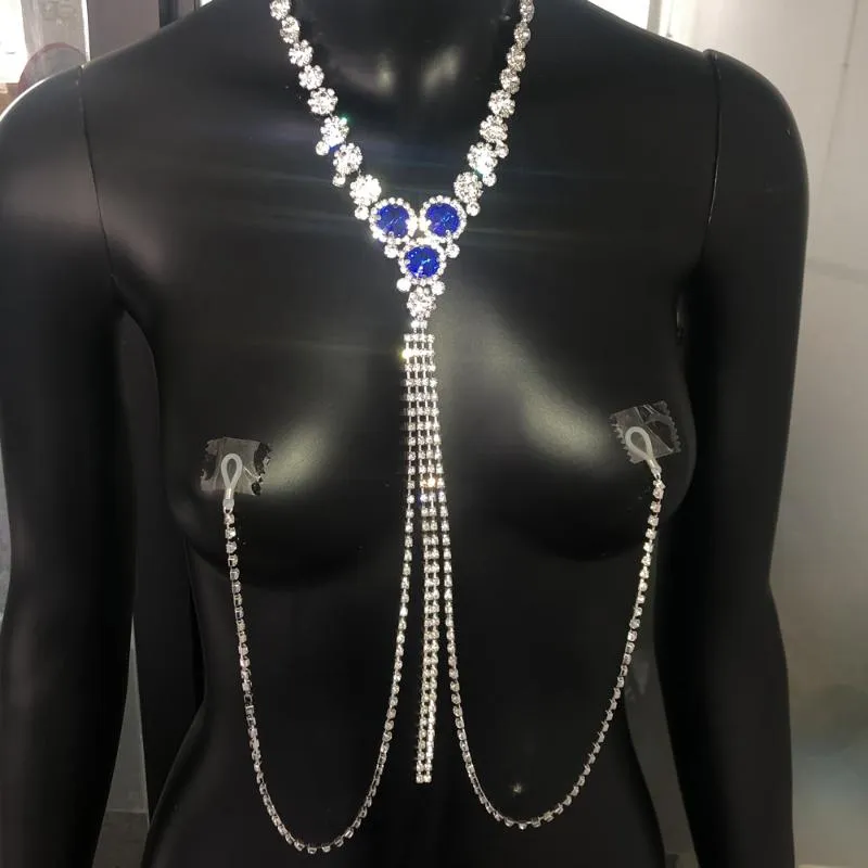 Kedjor Stonefans blå stenhalsband för kvinnor Sexig underkläder Nippel smycken Non Piercing Jewelry Chain Festival Gift Girls227V