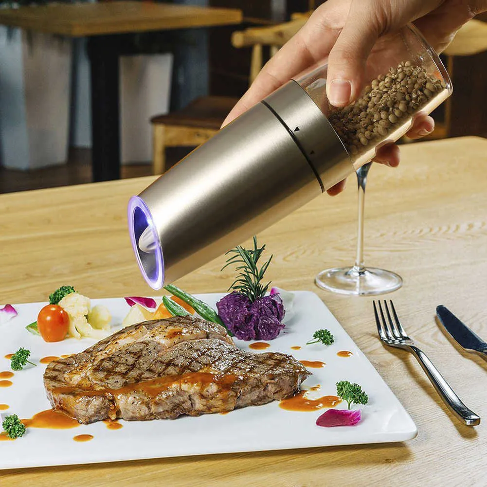 Electric Pepper Mill Stainless Steel Automatic Gravity Induction Salt and Grinder Kitchen Spice Grinding Tools 210712
