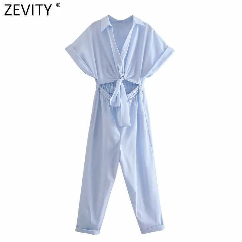 Zevity Kvinnor Solid Färg Hem Bowknot Hollow Out Conjoined Kalv Längd Jumpsuits Chic Ladies Casual Business Rompers DS8320 210603