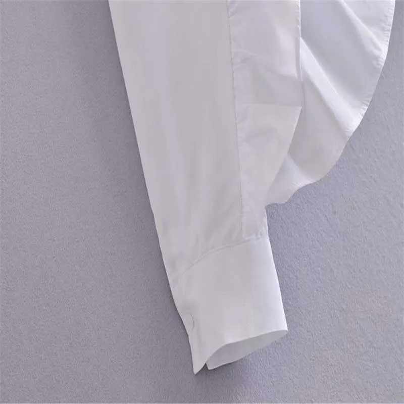 ZA Fırfır Poplin Beyaz Kırpılmış Gömlek Kadınlar Uzun Kollu Yaka Yaka Vintage Üst Kadınsı Moda Yumuşak Ön Düğme Bluz 210602